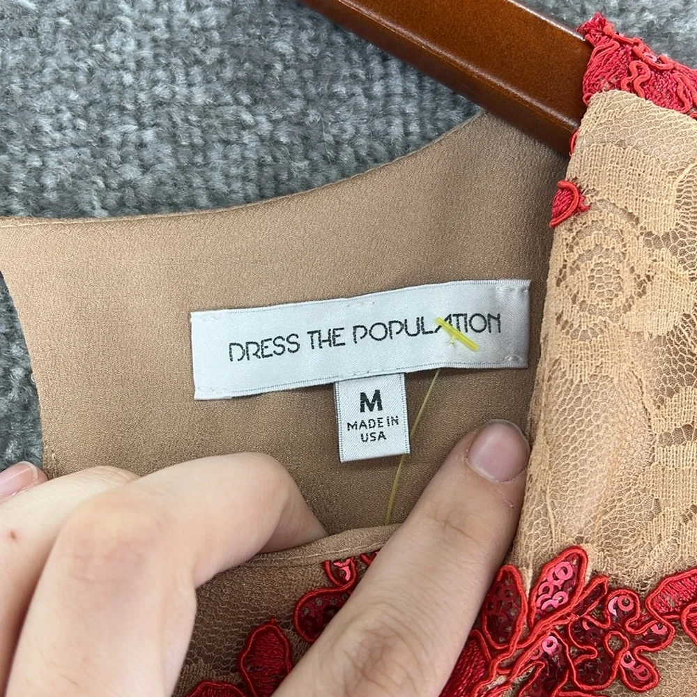 Dress The Population 3/4 Long Sleeve Above Knee Mini Dress Tan Red Lace Womens M - Picture 10 of 12